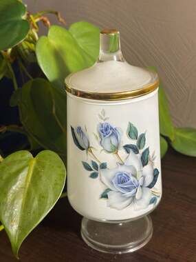 Vintage West Virginia Glass White Frosted Pedestal Apothecary Jar w Blue Roses